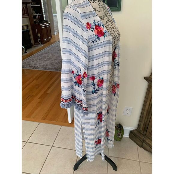 Altar'd State Blue Striped Embroidered Floral Boho Kimono Duster Cardigan - Picture 6 of 12